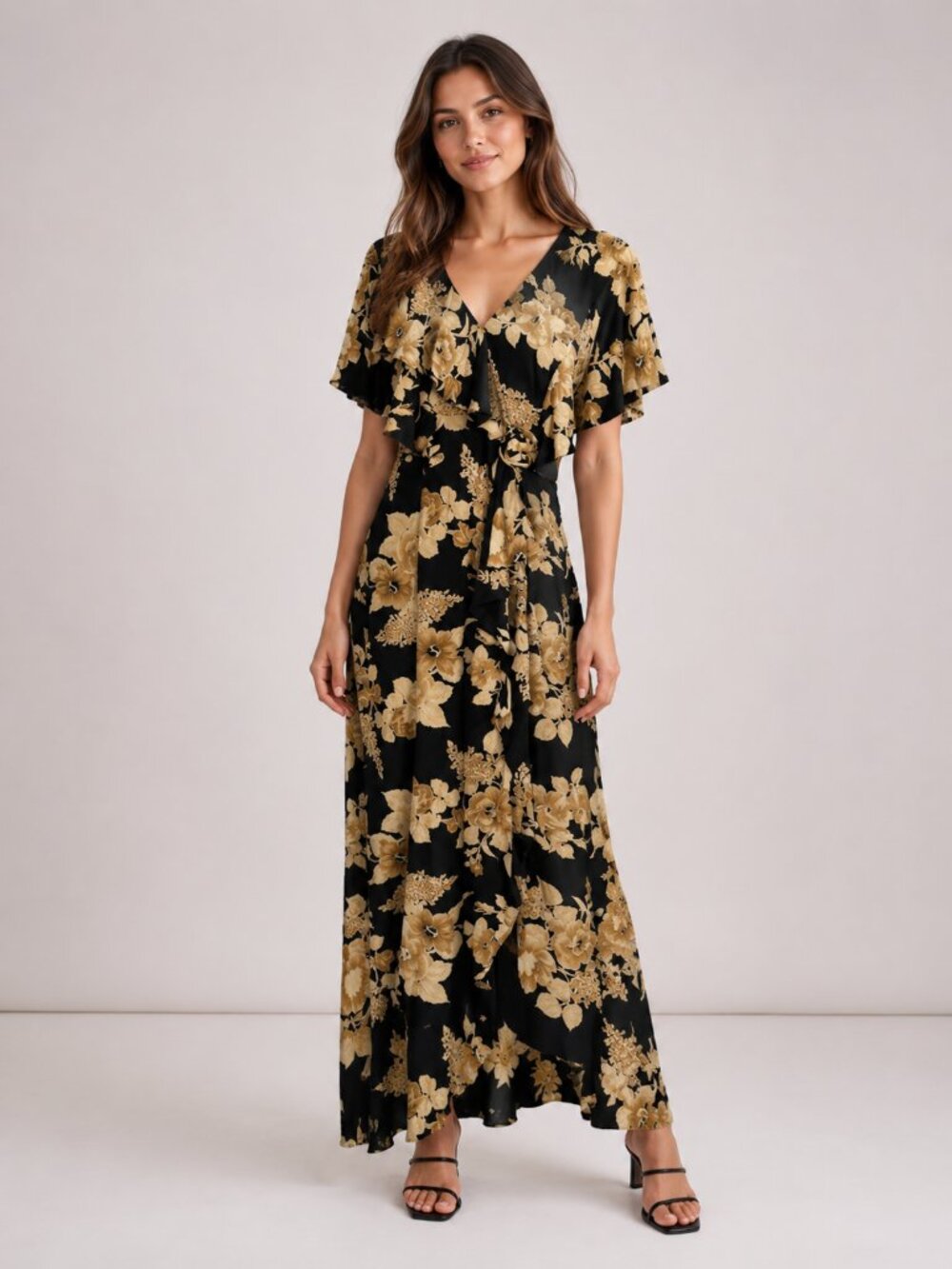 Cache Vintage 90s Floral High Low V-Neck Maxi Midi Dress Side Zip Size 10